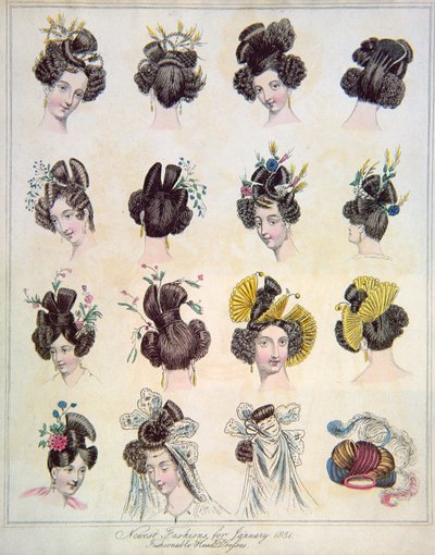 Newest Fashions for January 1831, Fashionable Head-dresses from Vol VIII of The World of Fashion and Continental Fenilletons, published 1831 by English School